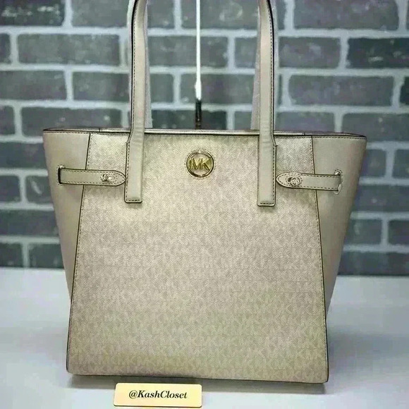Michael Kors Carmen Tote Bag Large Leather Tote Purse Light Sand - Picture 1 of 11